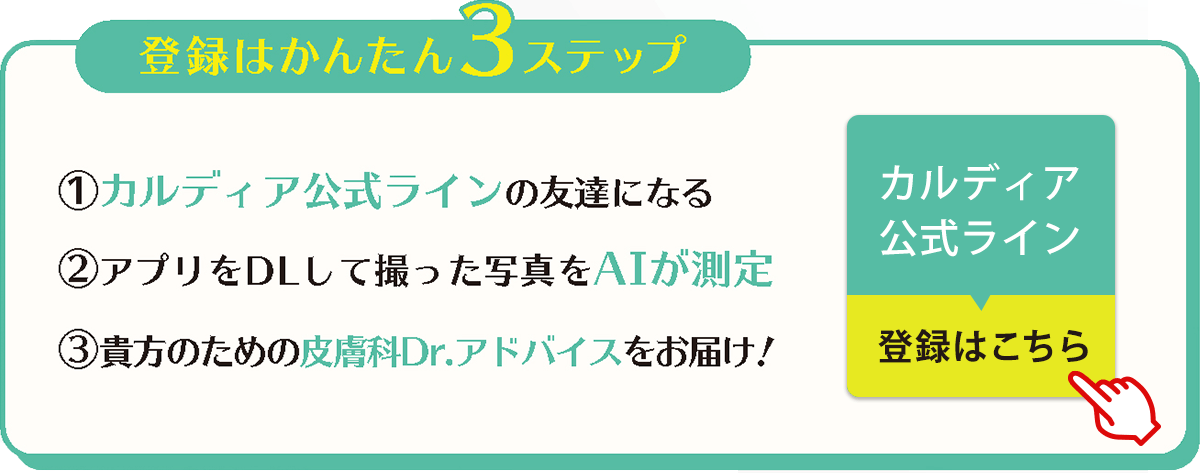 AI肌診断の登録は簡単3ステップ まずはカルディア公式ラインの友だちになる→アプリをDLして撮った写真をAIが測定→貴方のための皮膚科Dr.アドバイスをお届け！